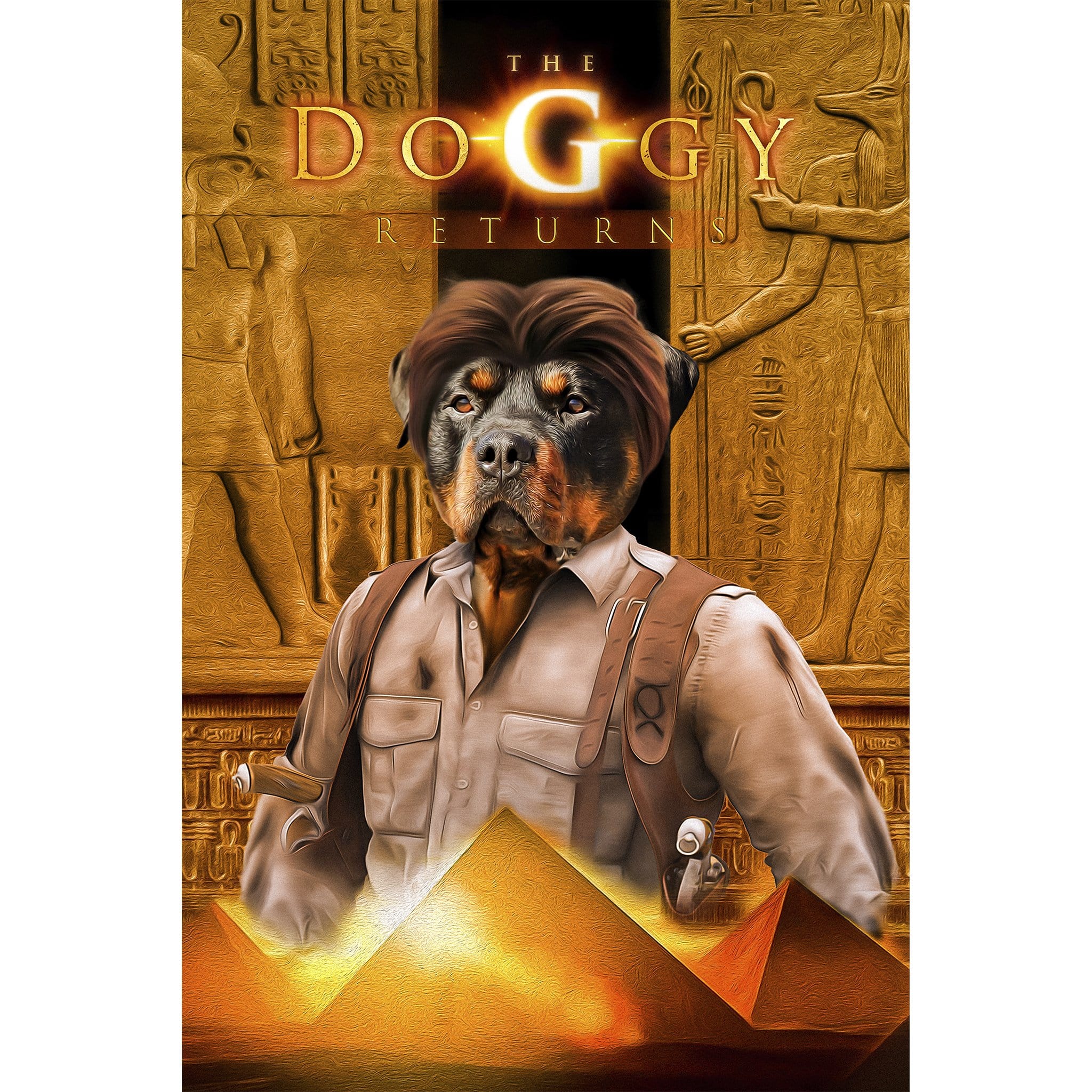 Custom digital portrait of a Rottweiler dog as an adventurer, "The Doggy Returns" movie poster style.