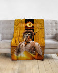 Personalized pet blanket with a Rottweiler in an Indiana Jones-style portrait against a golden Egyptian backdrop.