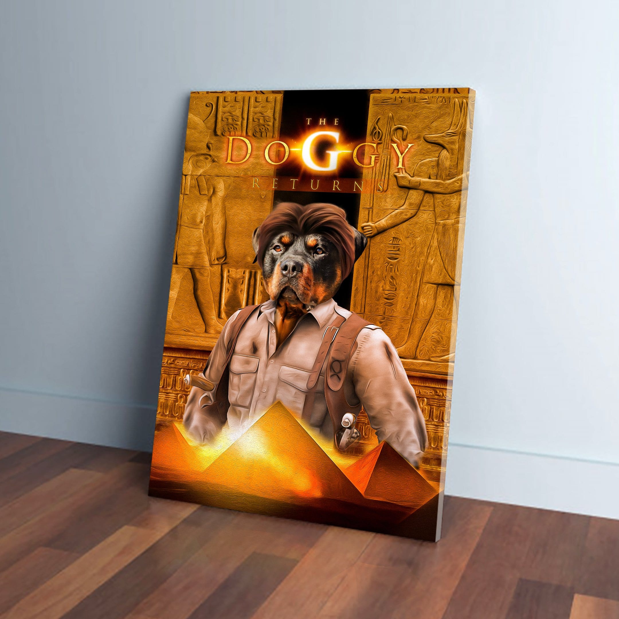 Personalized 'The Doggy Returns' canvas featuring a Rottweiler as an adventurer against an Egyptian backdrop.