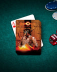 Personalized playing cards featuring a custom dog portrait in "The Doggy Returns" movie poster style on a green felt table.
