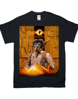 Black Gildan t-shirt with "The Doggy Returns" design featuring a Rottweiler in an adventurer outfit.