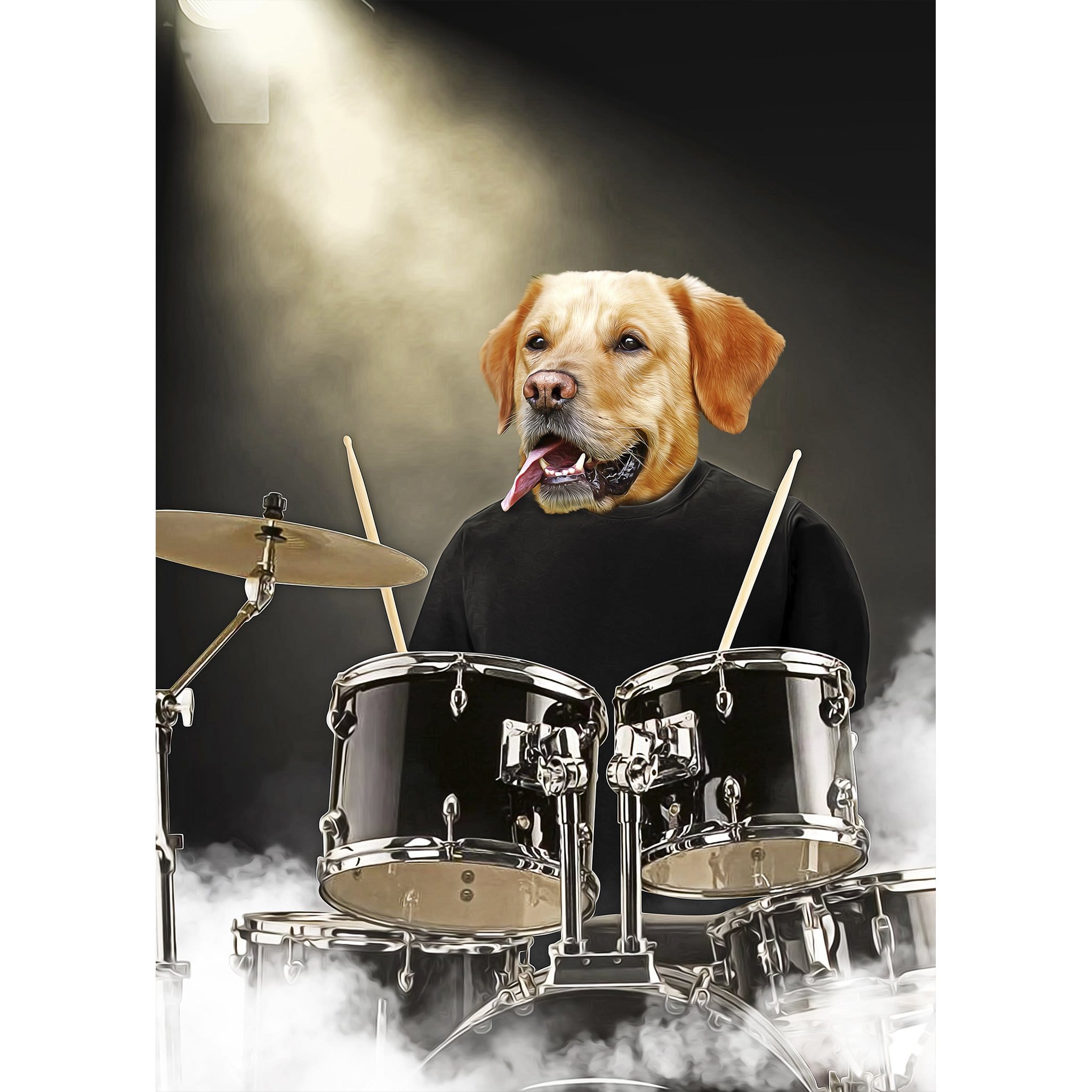 Custom pet portrait of a golden retriever dog as a drummer, digital art.