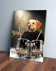 Personalized pet canvas featuring a yellow Labrador dog as a drummer in a black shirt.