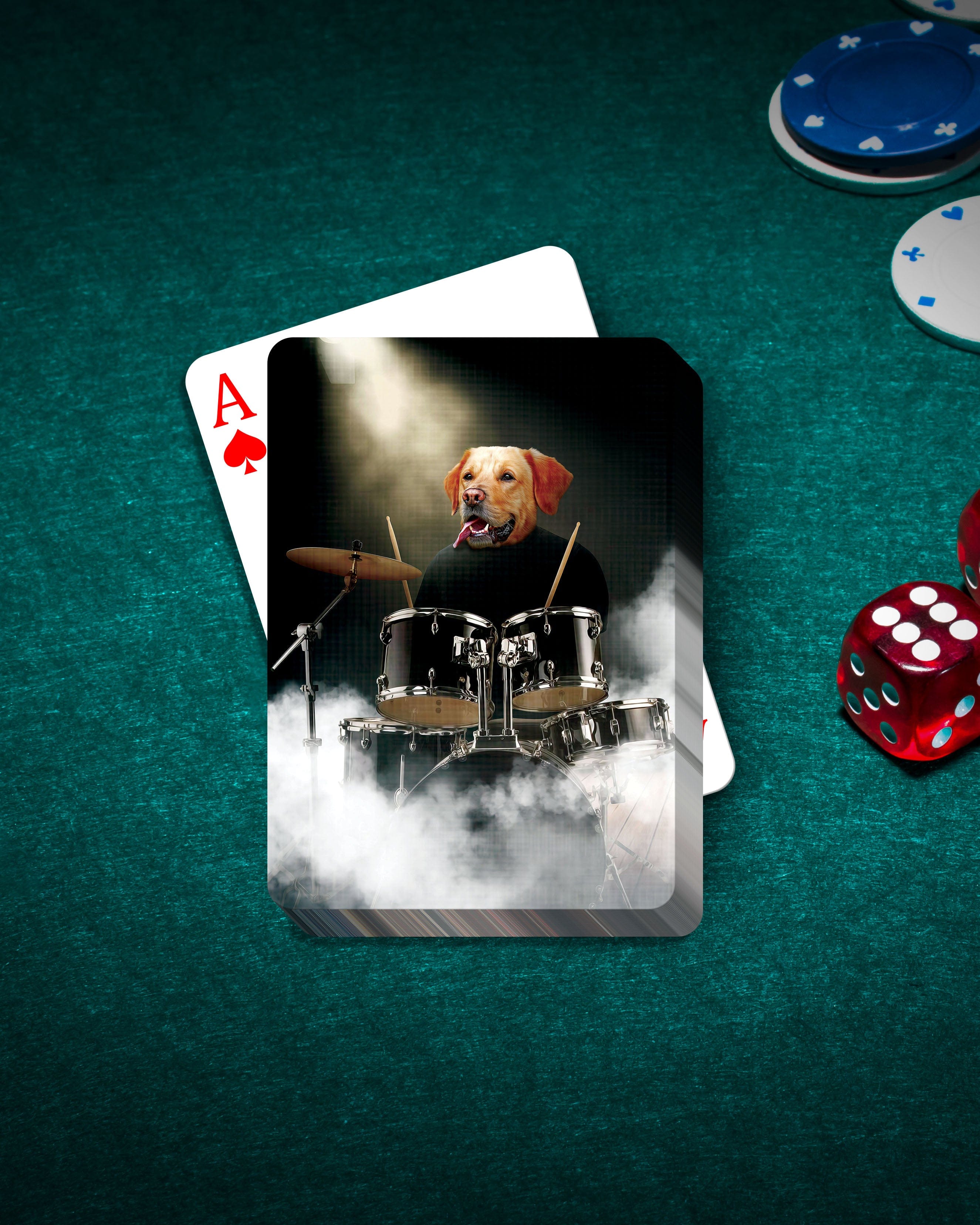 Personalized pet playing card with a dog portrait as a drummer, on a green felt table with poker chips and dice.