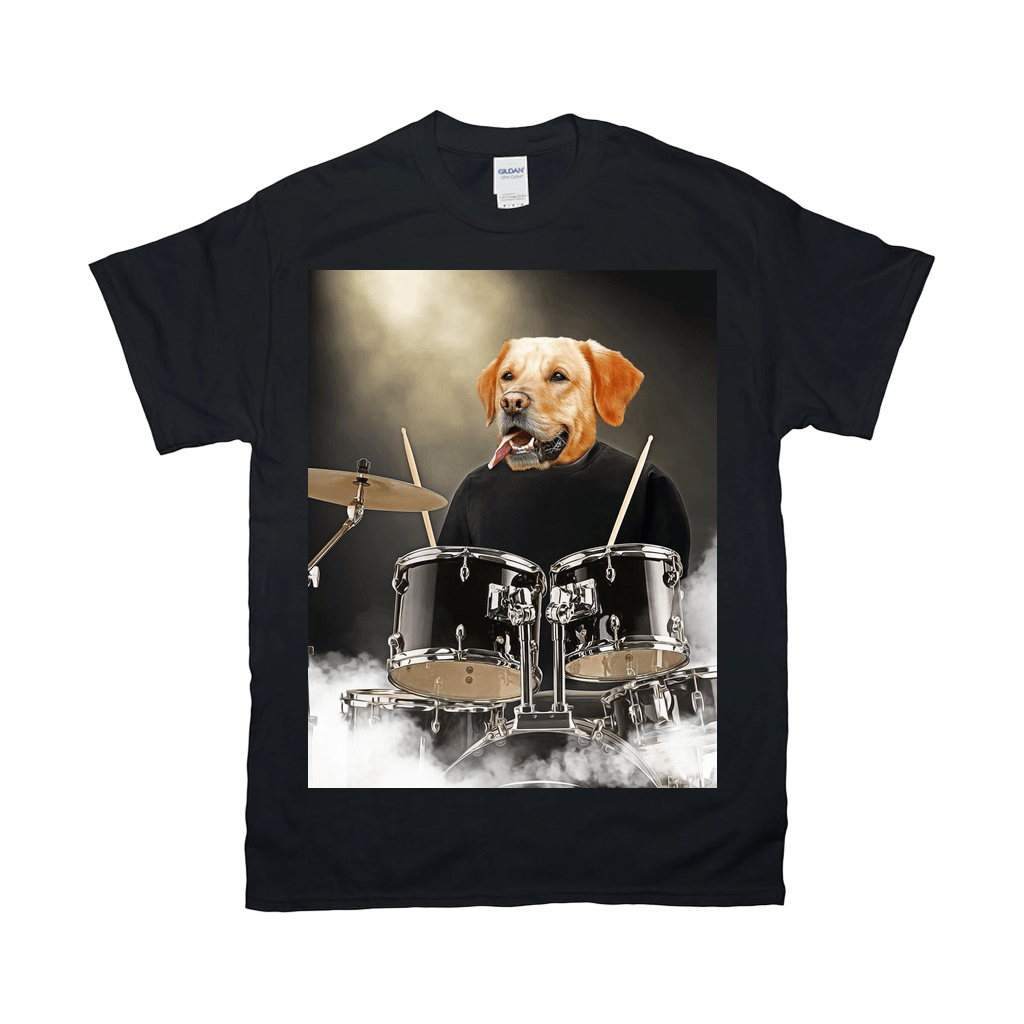 Black Gildan t-shirt with a golden retriever dog head on a drummer's body playing drums.