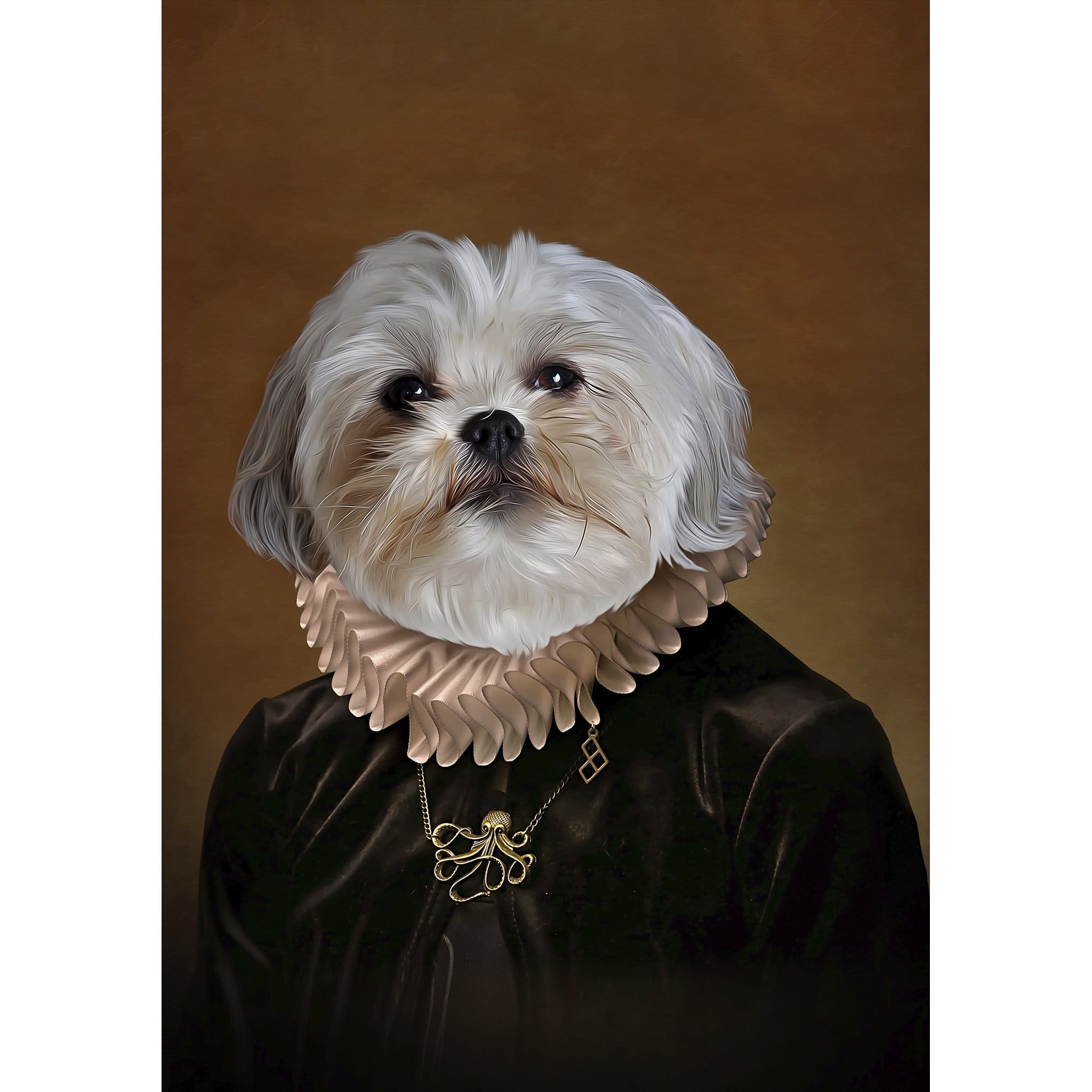 Custom digital portrait of a Shih Tzu dog in a Renaissance-style Duchess costume with a ruffled collar.