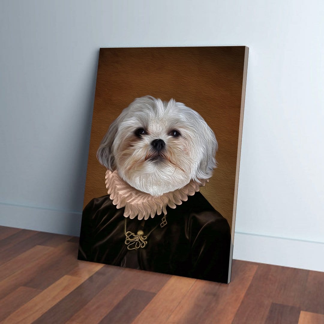 Personalized pet canvas featuring a Shih Tzu dog as "The Duchess" in a dark velvet gown with a ruffled collar and gold pendant, leaning on a wooden floor.
