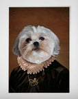 Personalized "The Duchess" pet poster featuring a Shih Tzu in a dark brown velvet dress with a ruffled pink collar.