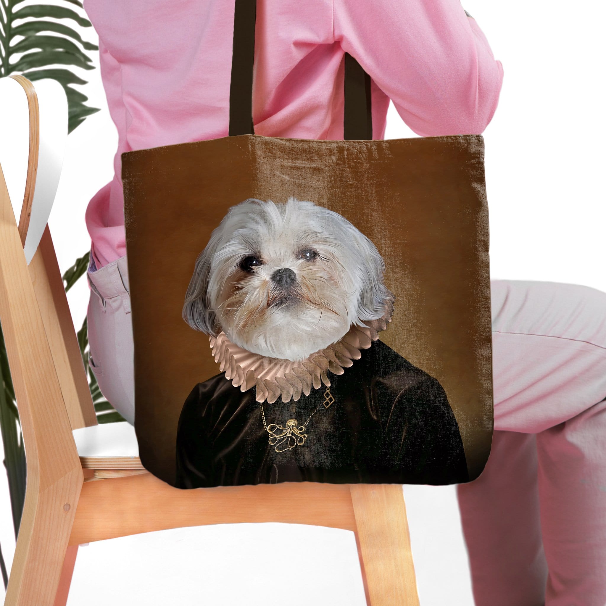 Personalized brown tote bag with a custom royal renaissance portrait of a Shih Tzu dog.
