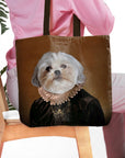 Personalized brown tote bag with a custom royal renaissance portrait of a Shih Tzu dog.
