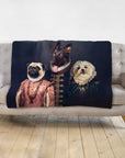 Personalized 3-pet renaissance portrait blanket featuring a pug, terrier, and shih tzu on a gray sofa.