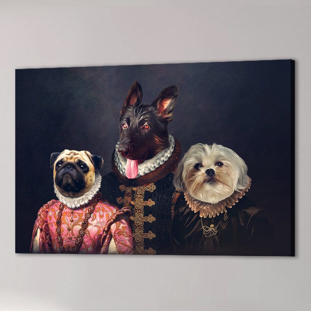 Personalized 'The Duke Family' canvas featuring three pets in Renaissance-style noble attire against a dark background.