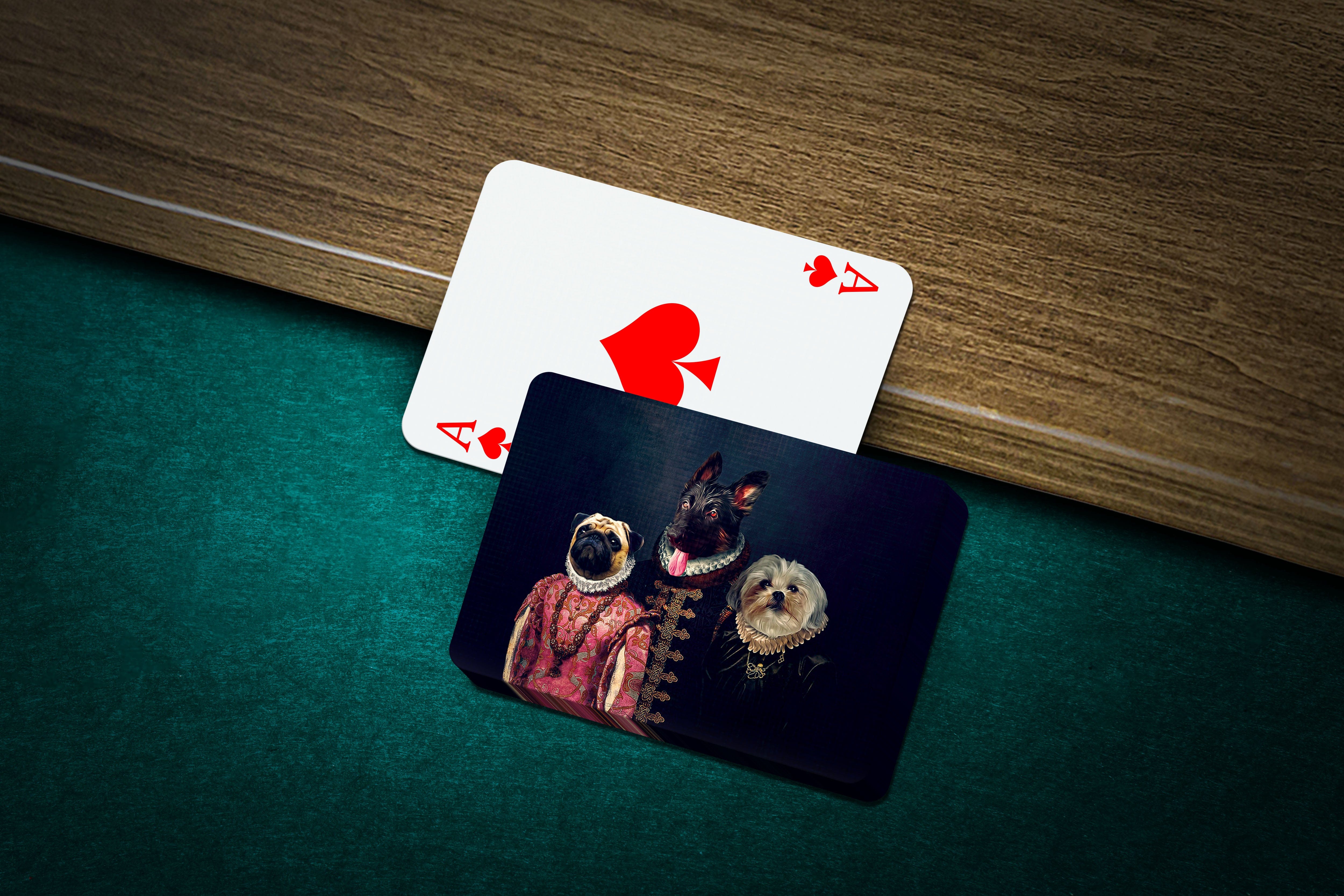 Personalized playing cards featuring three pets in Renaissance royal portraits, with an Ace of Hearts card.