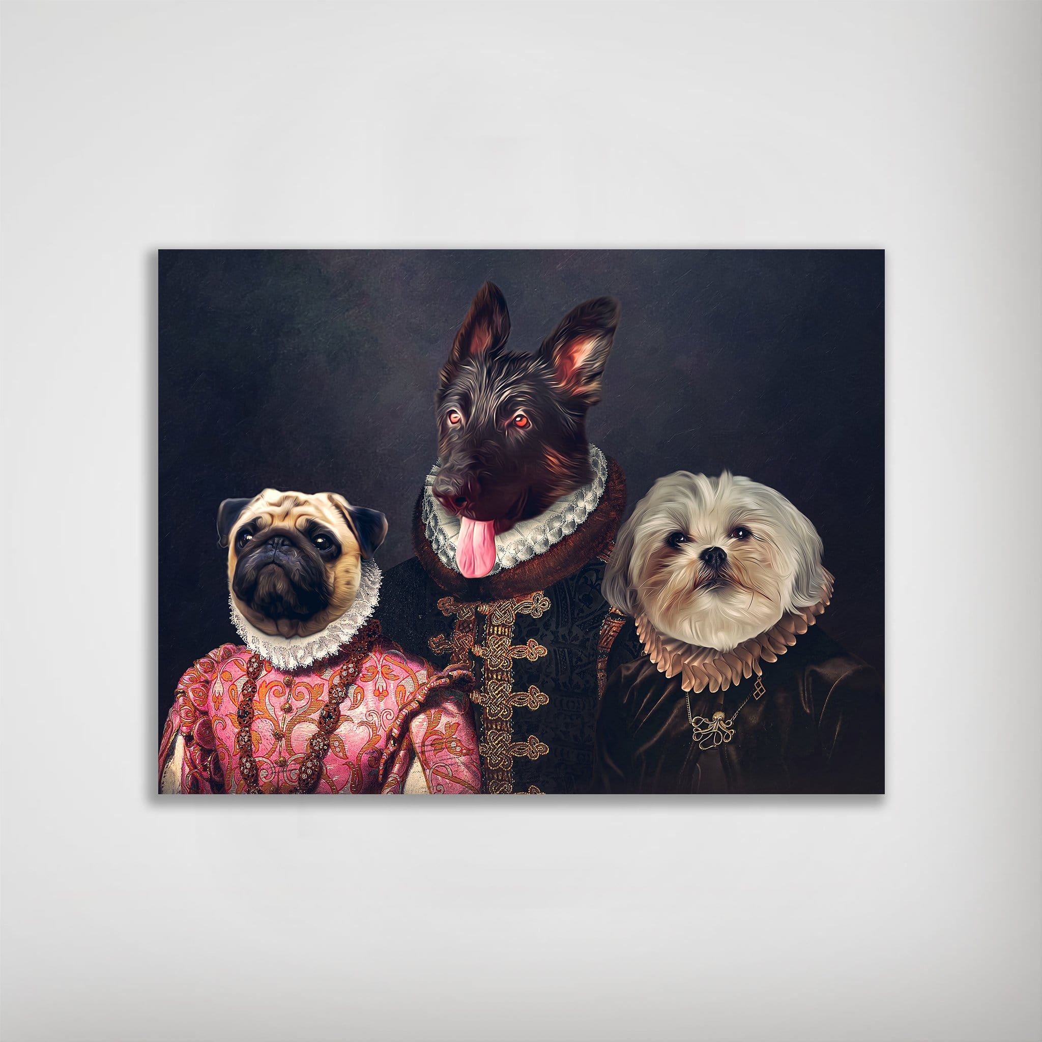 Personalized 'The Duke Family' poster featuring three pets in Renaissance-style attire on a dark background.