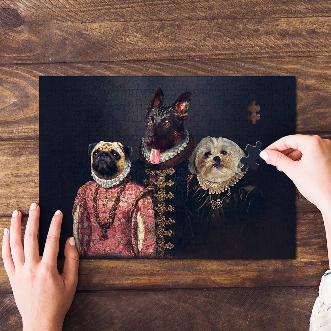 Personalized 3-pet renaissance royal portrait puzzle featuring a pug, German Shepherd, and Shih Tzu.