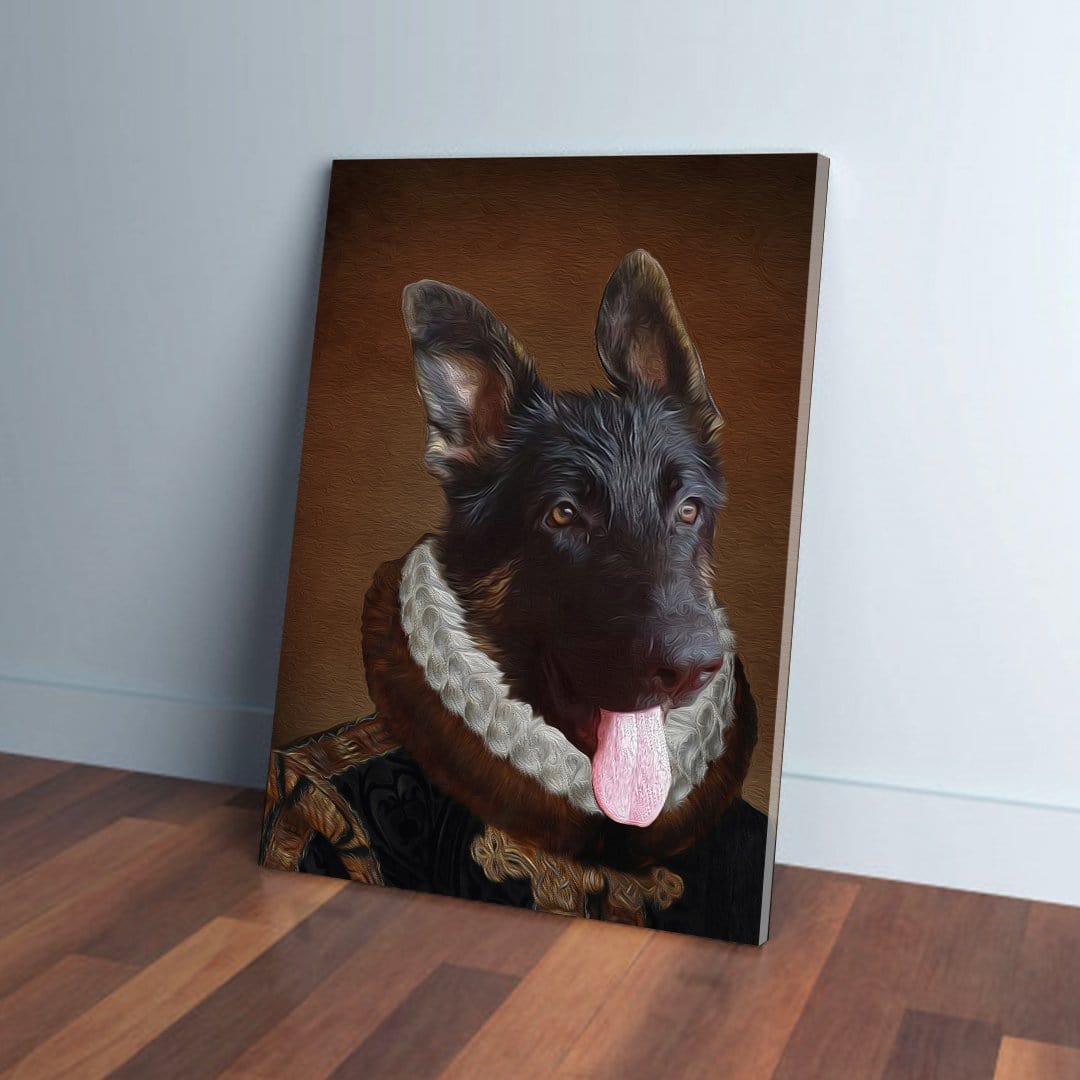 Personalized "The Duke" pet canvas featuring a German Shepherd in a regal, historical costume.