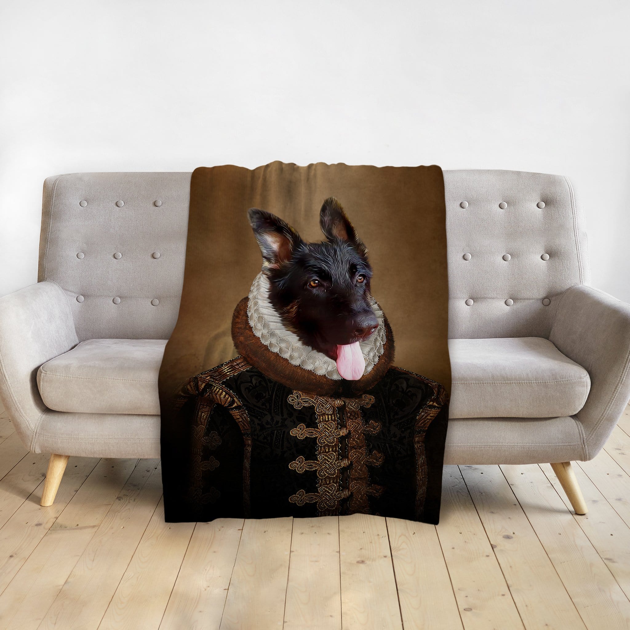 Custom personalized pet blanket featuring a German Shepherd in a renaissance royal portrait style.