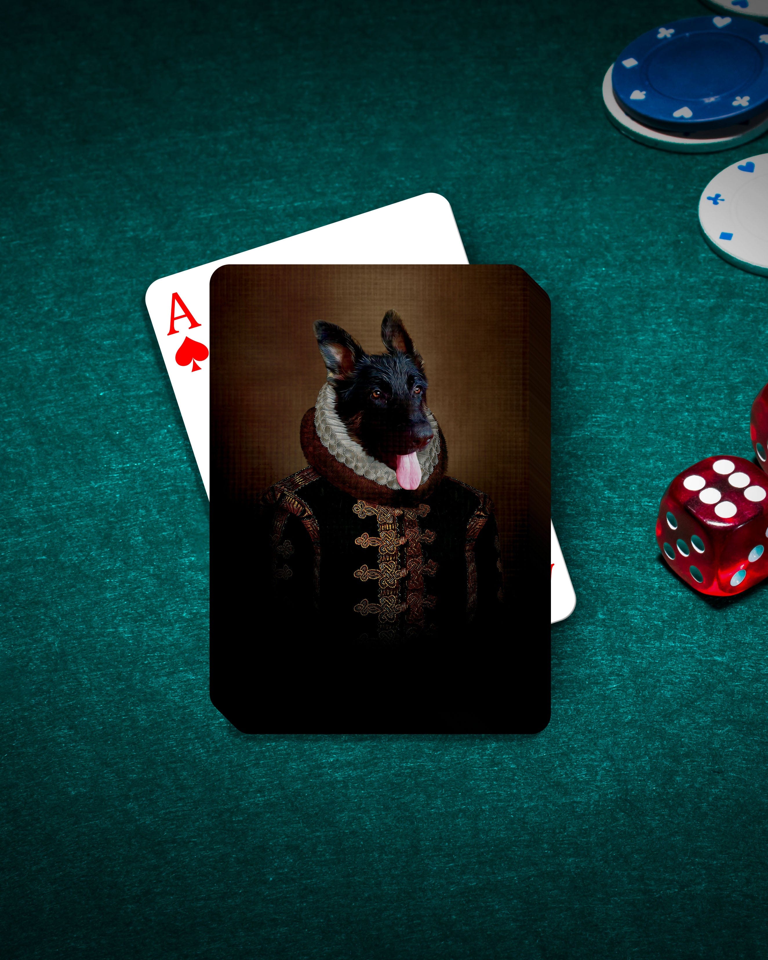Custom personalized pet playing cards featuring a German Shepherd in a Renaissance royal portrait style on a green felt table.