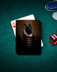 Custom personalized pet playing cards featuring a German Shepherd in a Renaissance royal portrait style on a green felt table.