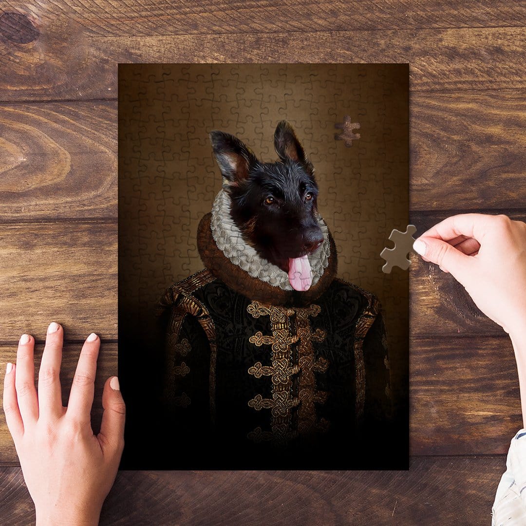 Personalized pet puzzle featuring a German Shepherd in a royal renaissance portrait style.