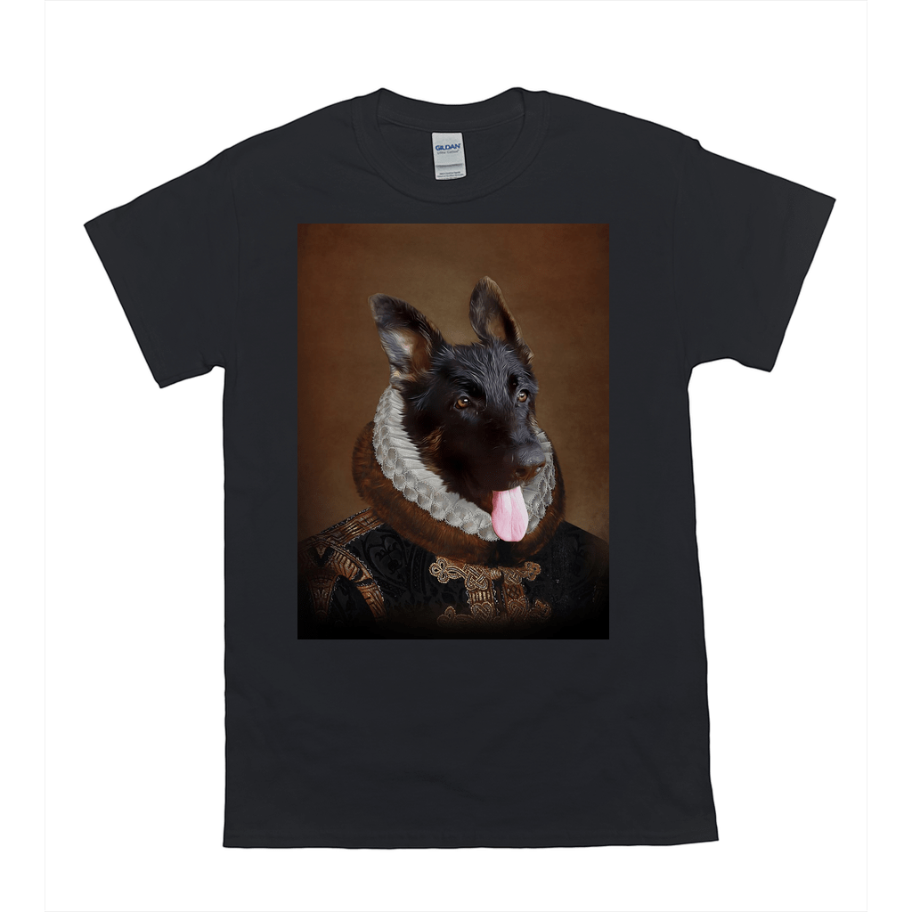 Black Gildan t-shirt featuring a personalized portrait of a German Shepherd in a Renaissance-style costume.