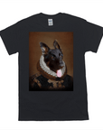 Black Gildan t-shirt featuring a personalized portrait of a German Shepherd in a Renaissance-style costume.