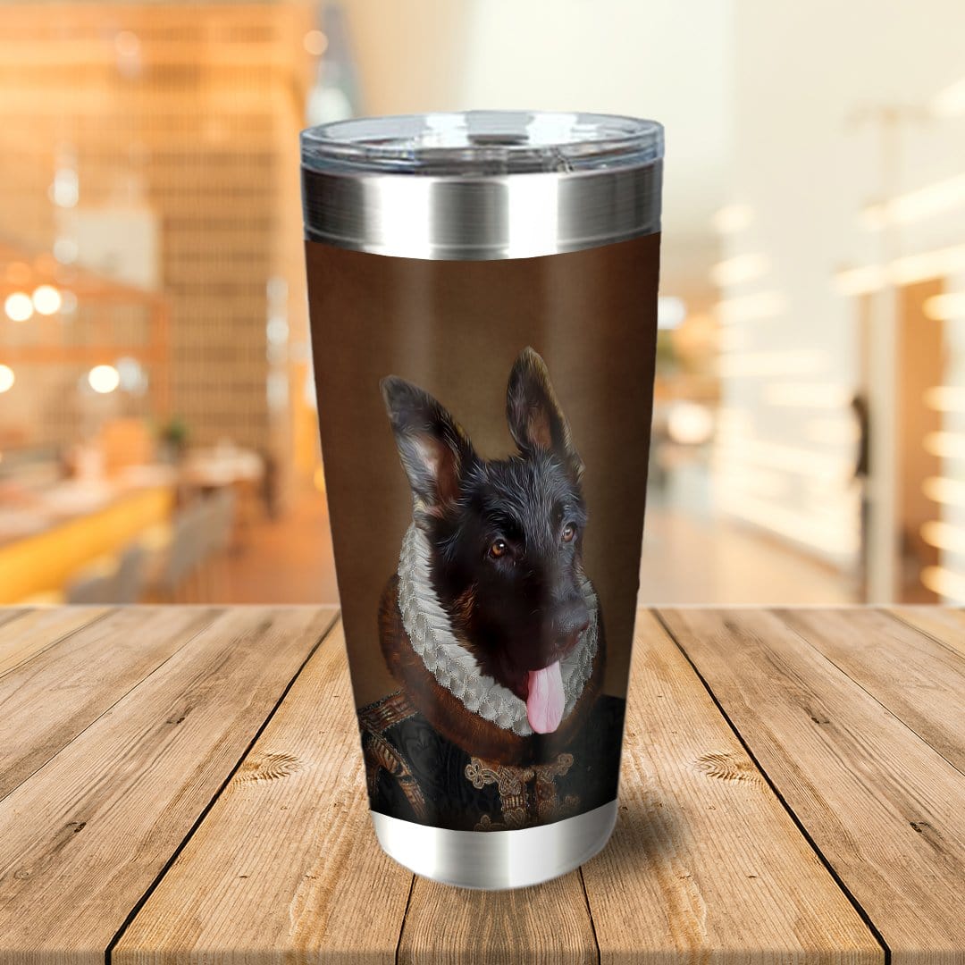 Personalized stainless steel tumbler with a custom royal portrait of a German Shepherd dog.