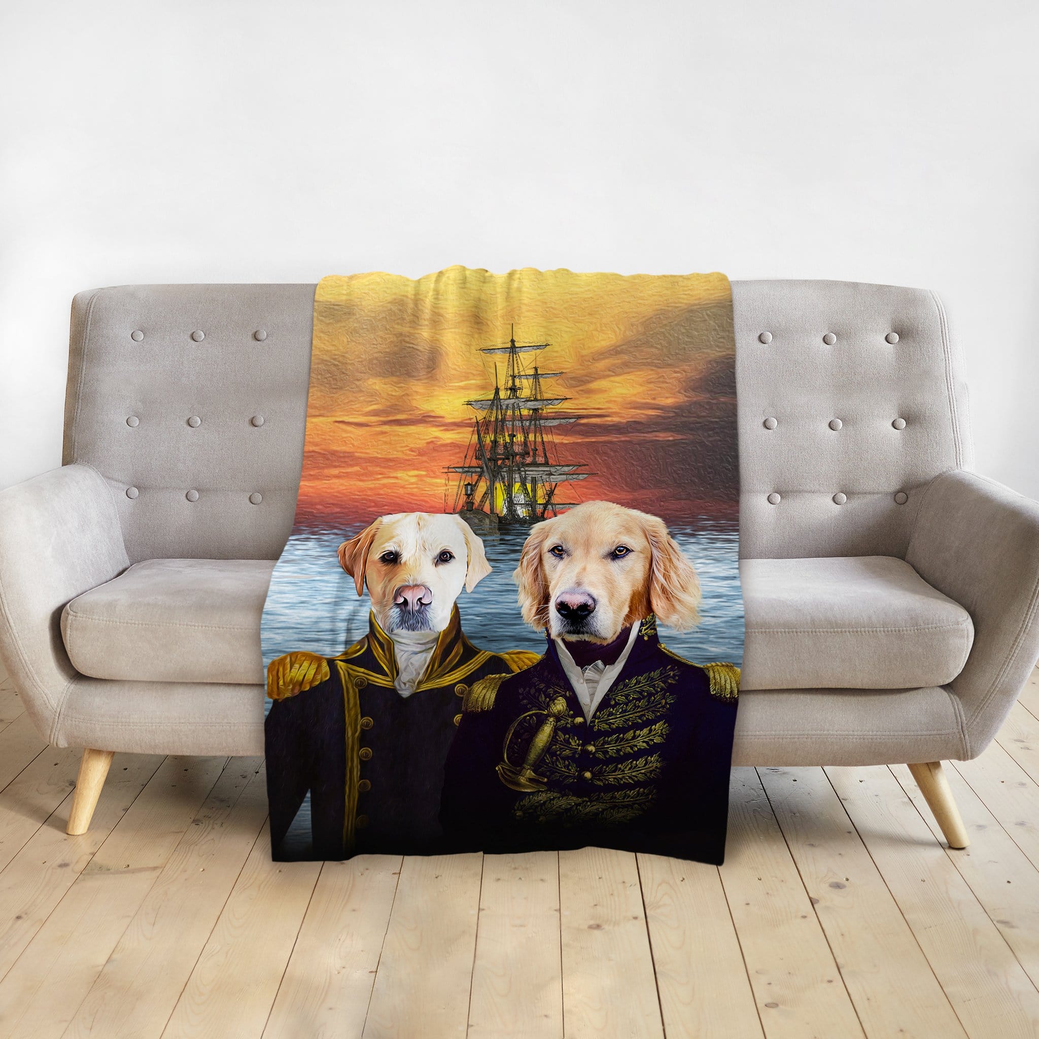 Personalized pet blanket with two dogs in renaissance naval portraits against a sunset ship background.