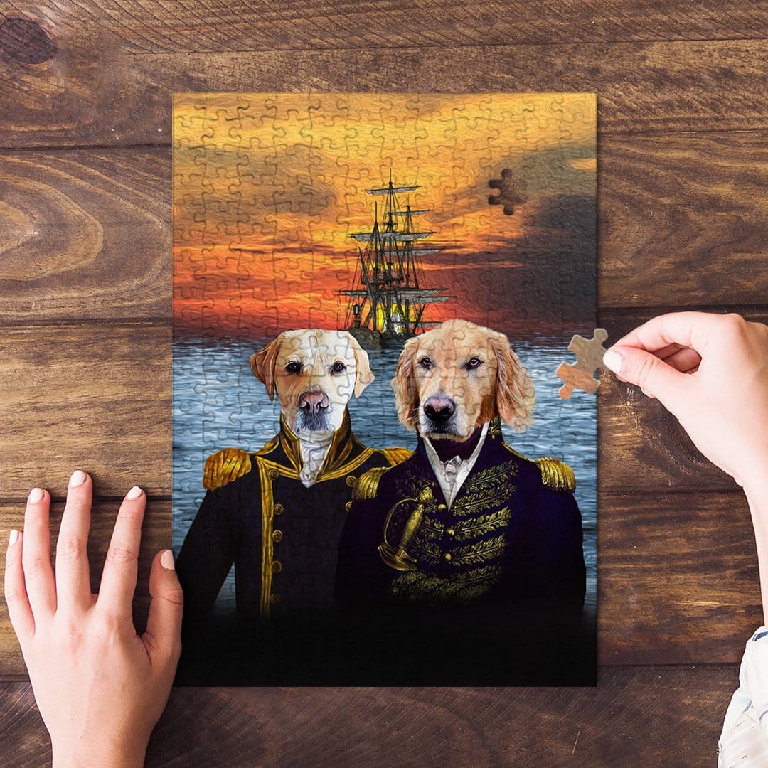 Custom personalized 2 pet puzzle featuring dogs in renaissance royal explorer outfits with a ship at sunset.