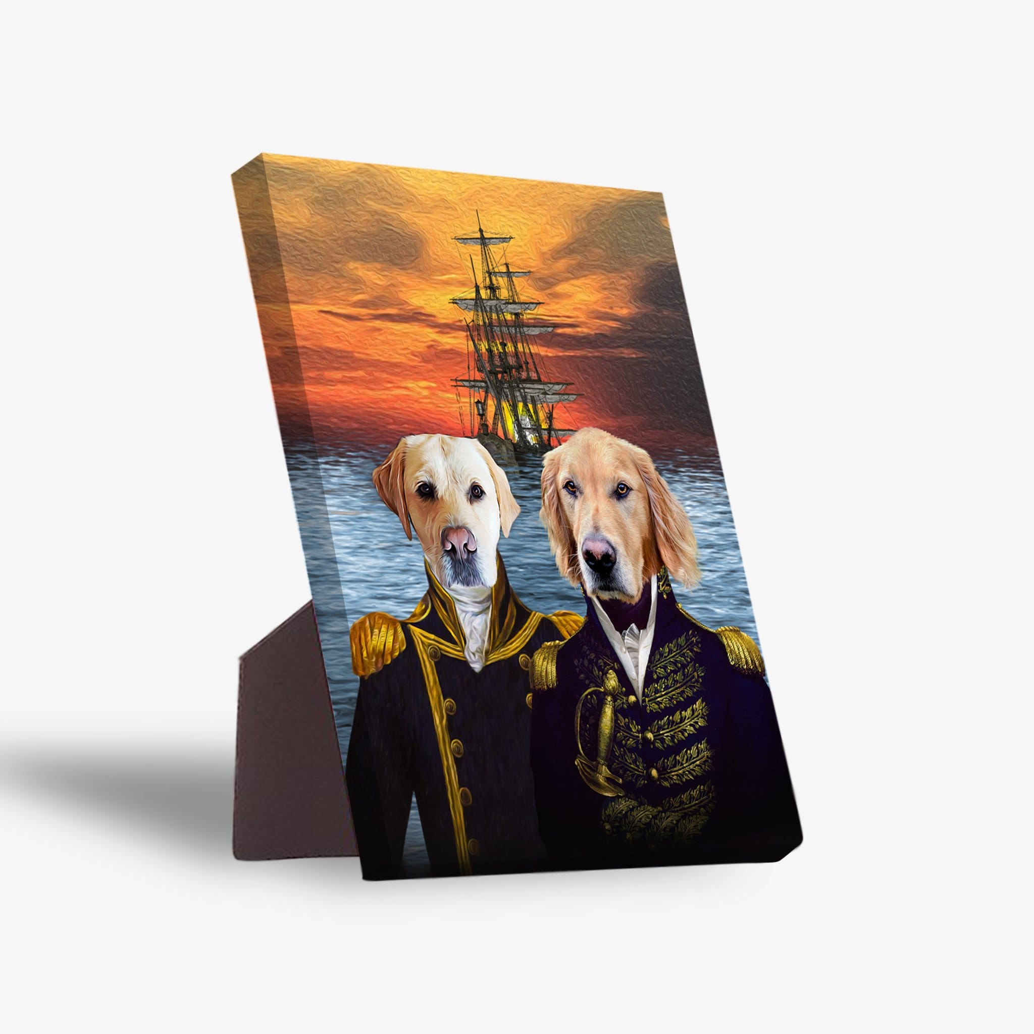 Personalized standing canvas featuring two dogs in navy explorer uniforms with a ship at sunset.