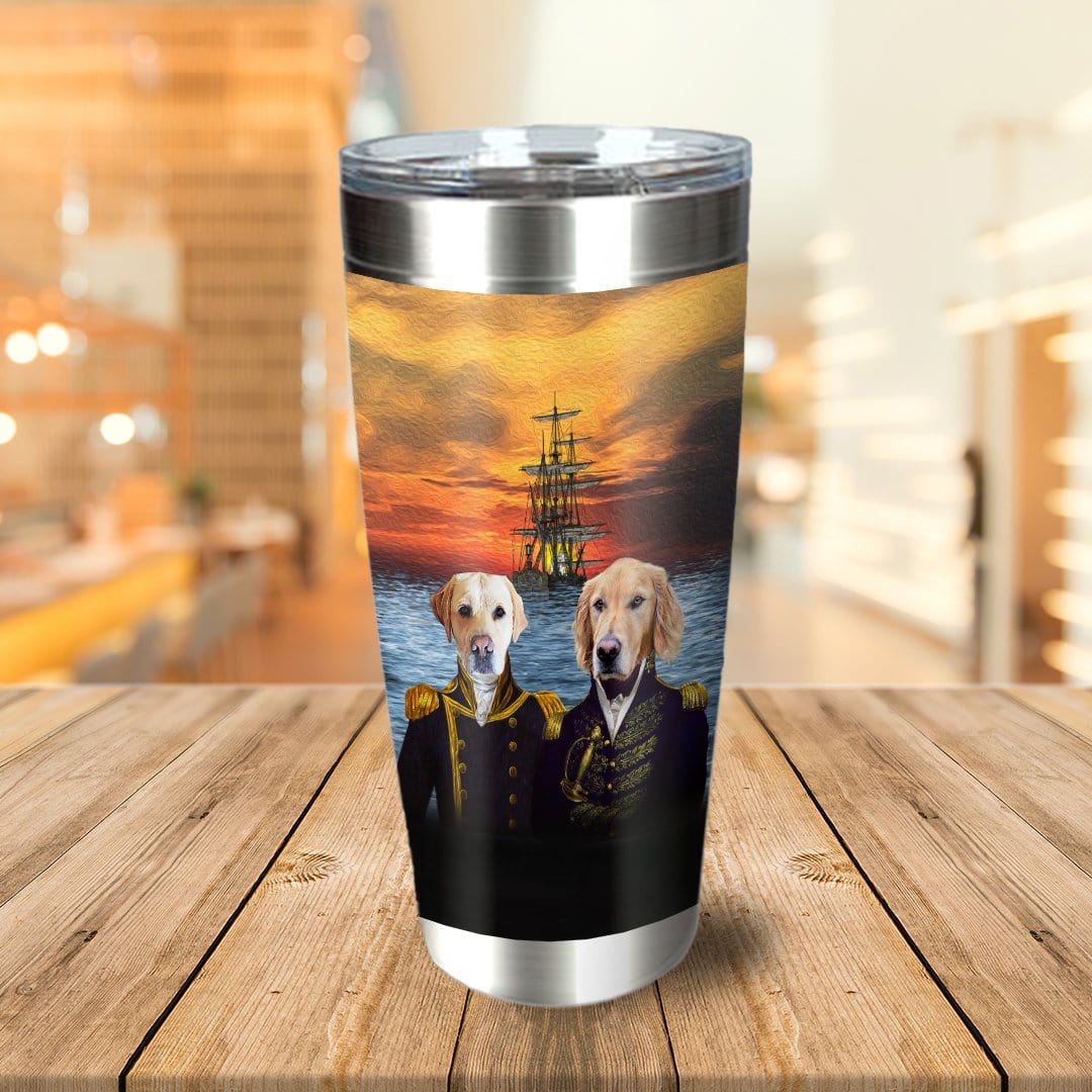 Personalized stainless steel tumbler with two dogs in royal naval portraits against a sunset ship scene.
