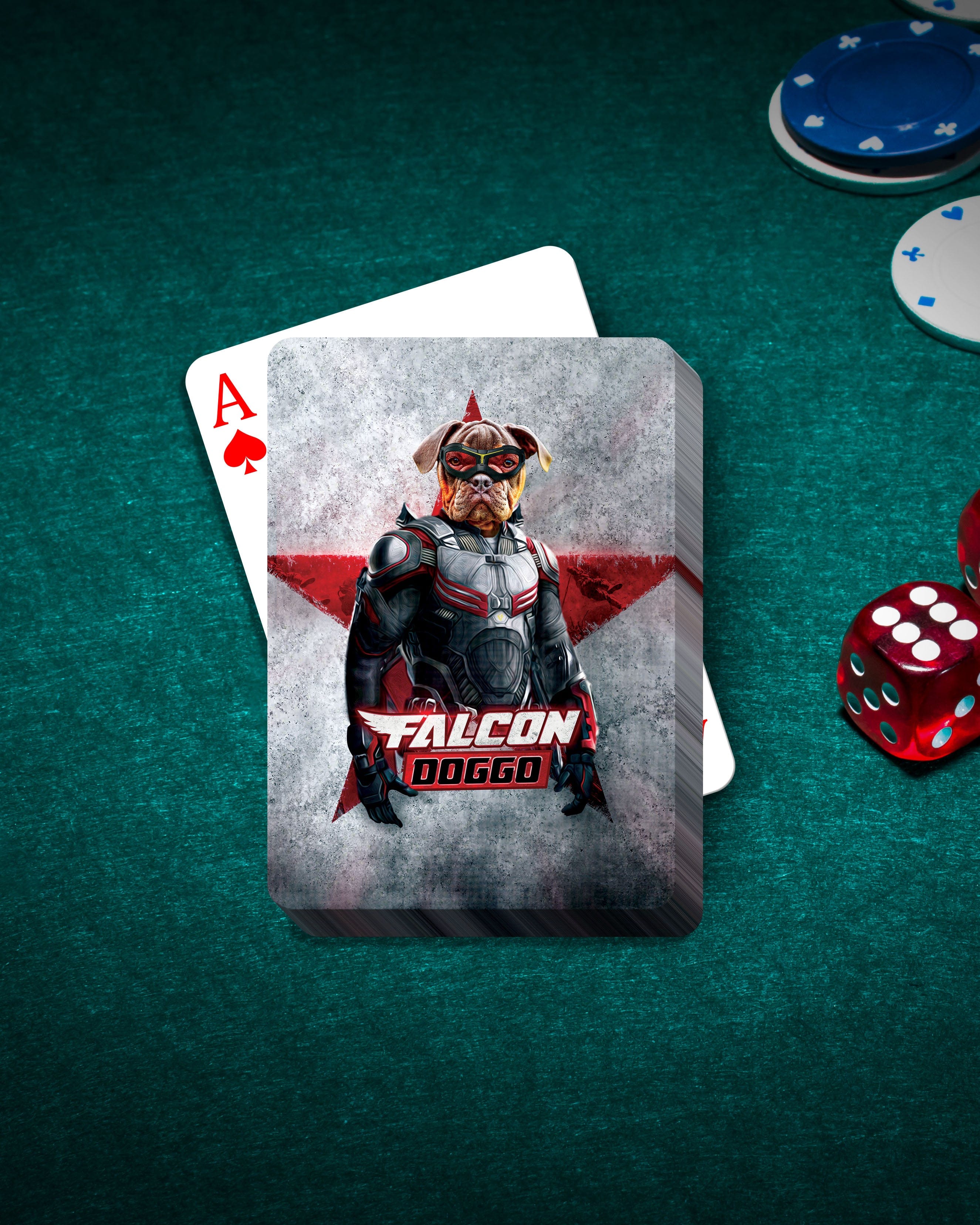 Custom Falcon Doggo personalized playing cards featuring a dog in a superhero suit.