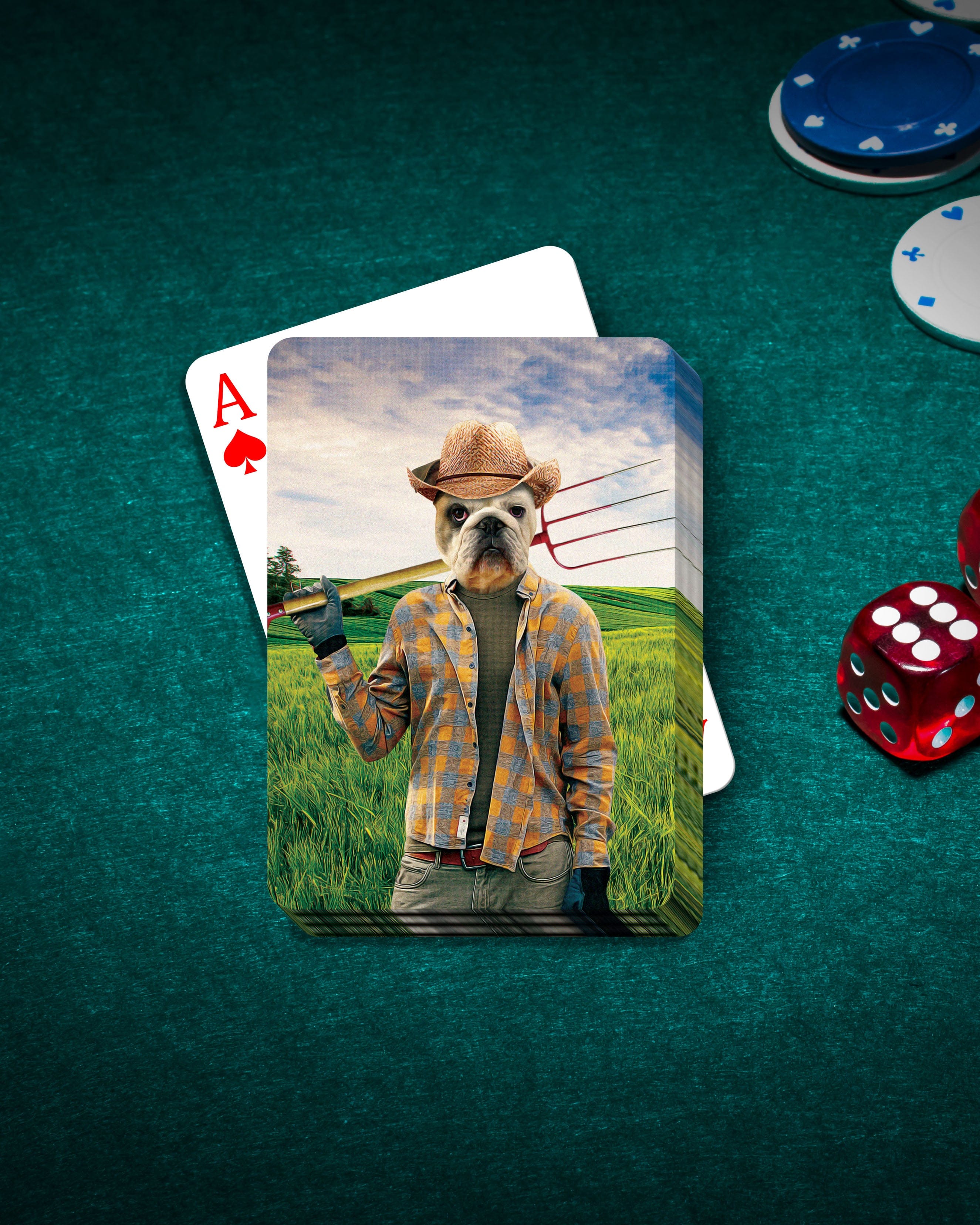 Personalized playing cards featuring a custom bulldog pet portrait as a farmer in a field.