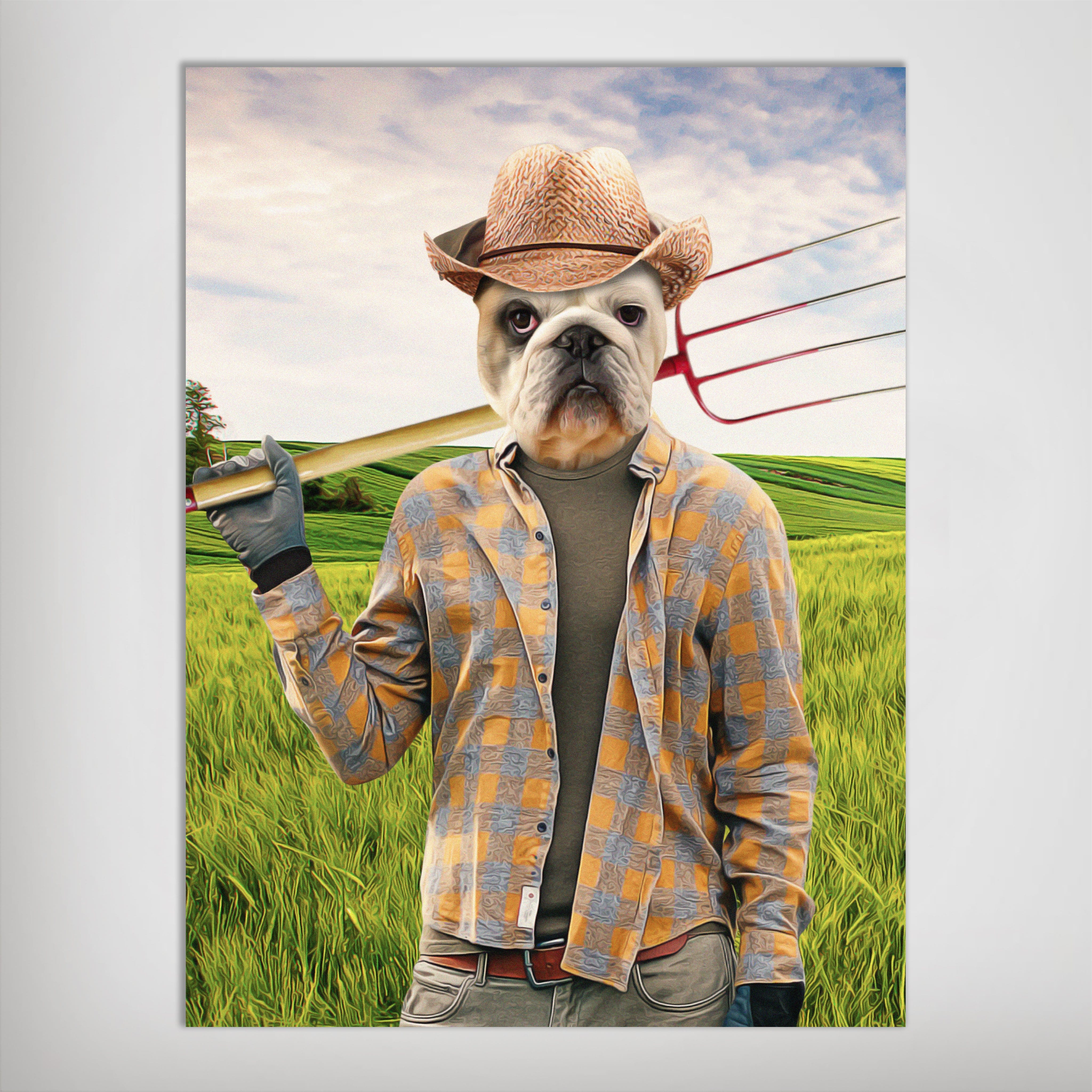 Personalized pet poster featuring a bulldog in a straw hat and plaid shirt, holding a pitchfork in a green field.