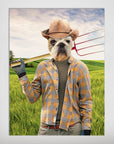 Personalized pet poster featuring a bulldog in a straw hat and plaid shirt, holding a pitchfork in a green field.