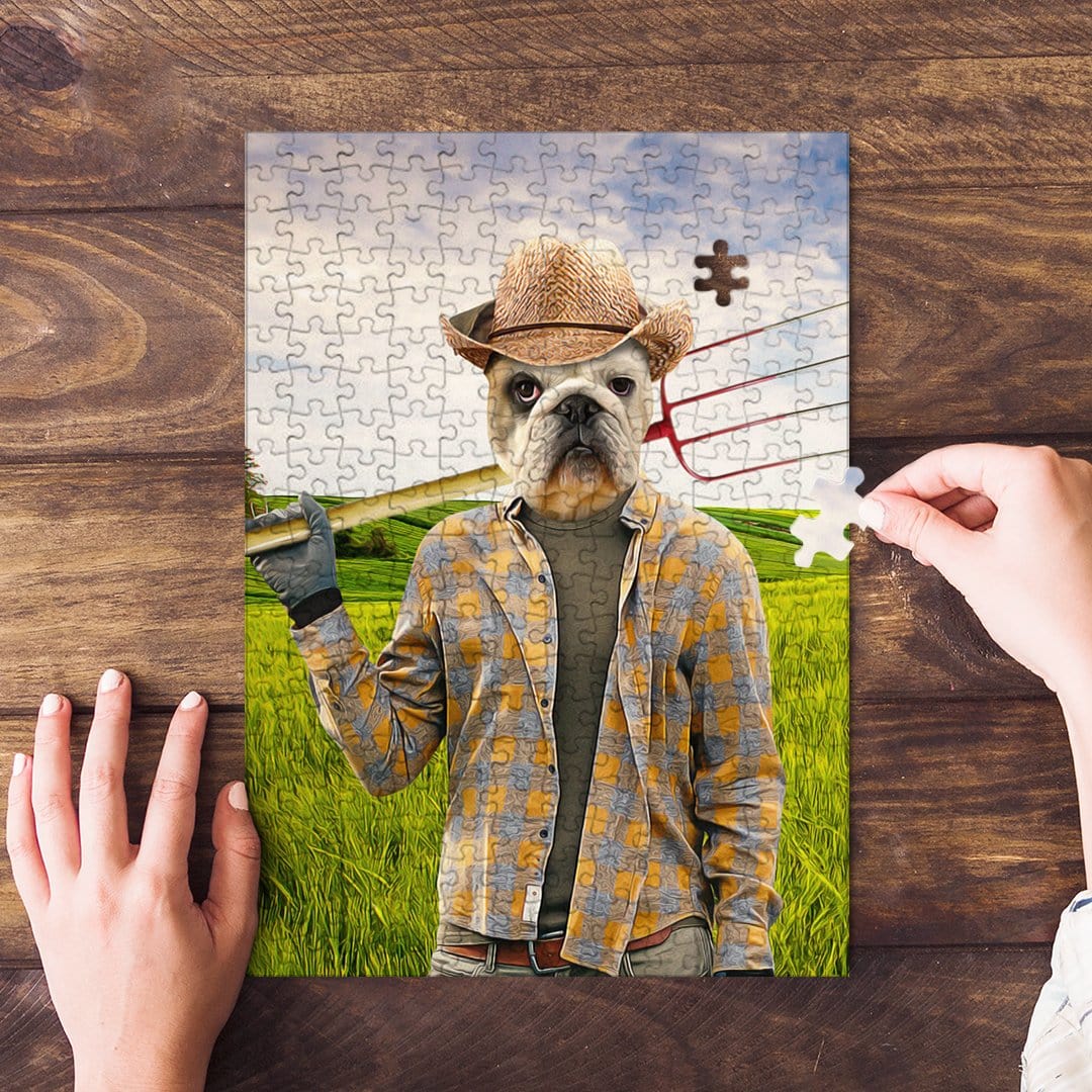 Personalized pet puzzle featuring a bulldog in a farmer's outfit, holding a pitchfork, on a green field.