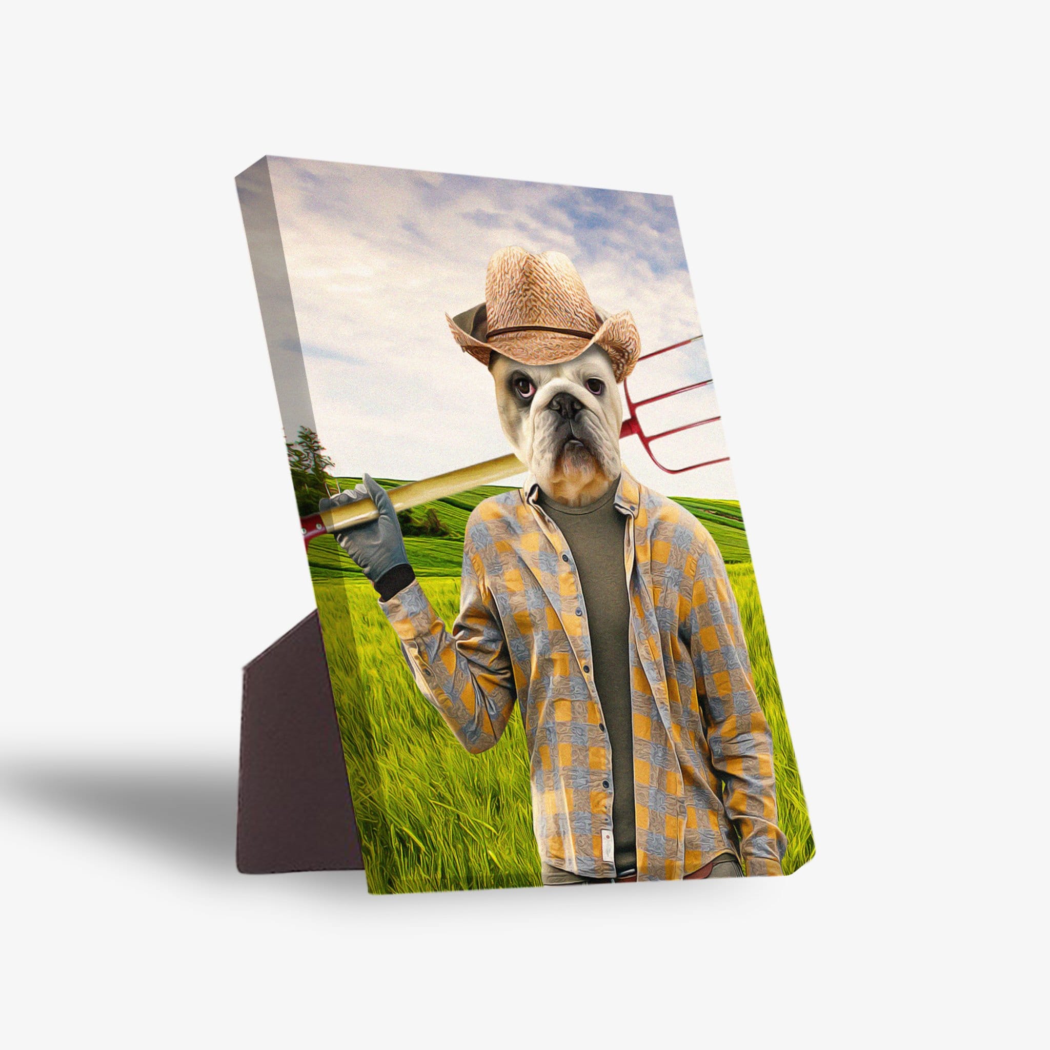 Personalized pet standing canvas featuring a bulldog's head on a farmer's body with a straw hat and pitchfork.