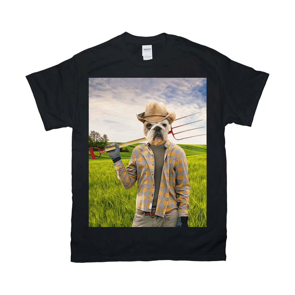 Black Gildan t-shirt with a bulldog in a straw hat and plaid shirt holding a pitchfork in a green field.