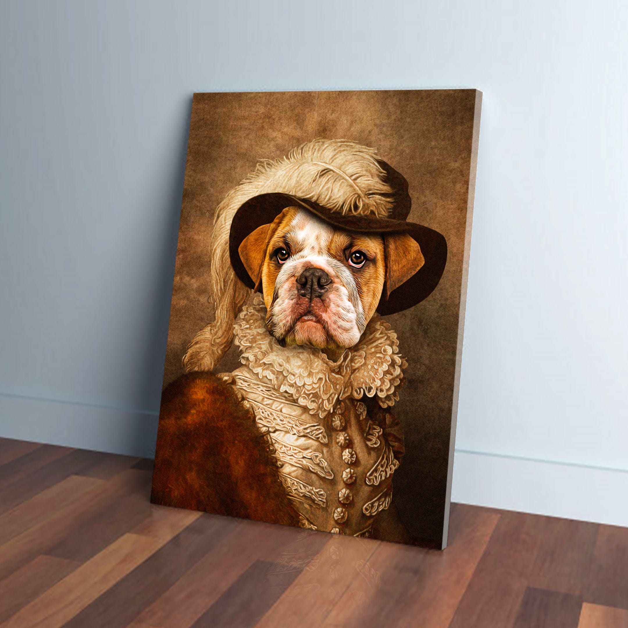 Custom pet canvas featuring a bulldog in a historical "Feathered Dame" costume, brown and cream tones.