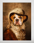 Personalized pet poster featuring a bulldog in a brown feathered hat and ruffled Elizabethan-style collar.
