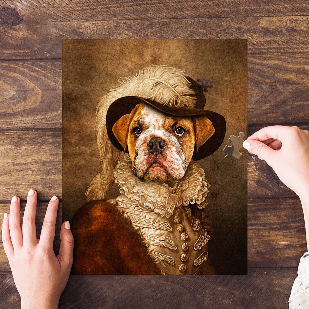 Personalized pet puzzle featuring a bulldog in a renaissance-style "Feathered Dame" portrait.