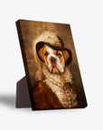 Personalized pet portrait canvas featuring a bulldog in a feathered hat and historical attire, with a sturdy stand.