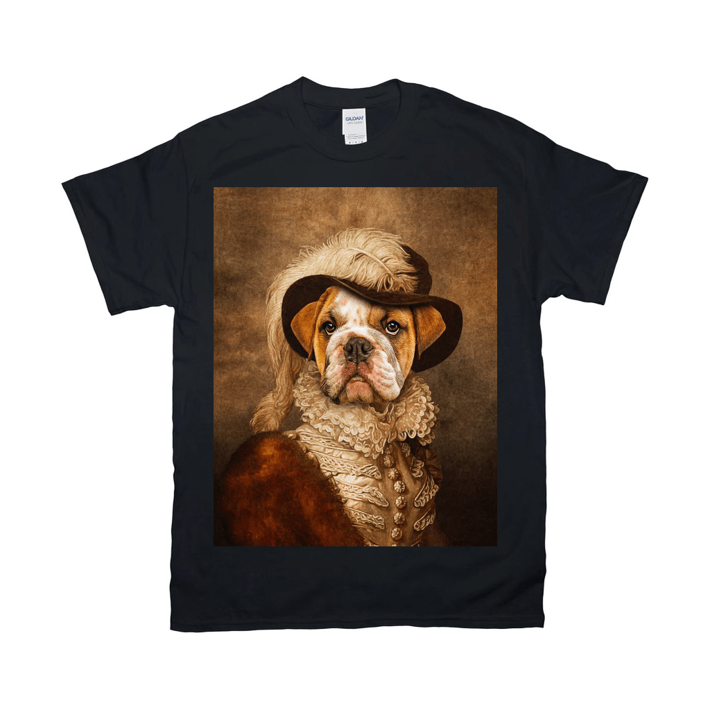 Black Gildan t-shirt featuring a bulldog in a feathered hat and ruffled collar, a personalized pet masterpiece.