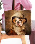 Personalized tote bag with a custom renaissance portrait of a bulldog in a feathered hat.
