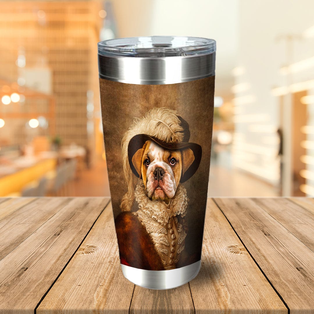 Personalized stainless steel tumbler with a renaissance-style portrait of a bulldog in a feathered hat.