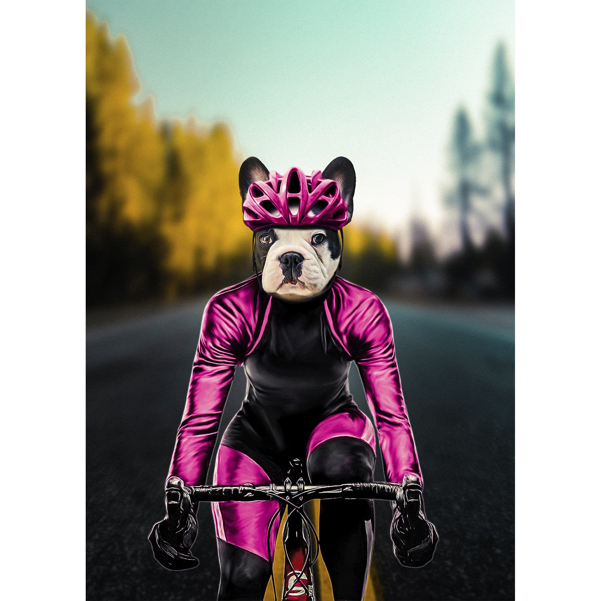 Personalized digital portrait of a French Bulldog in a pink cycling outfit and helmet on a road.