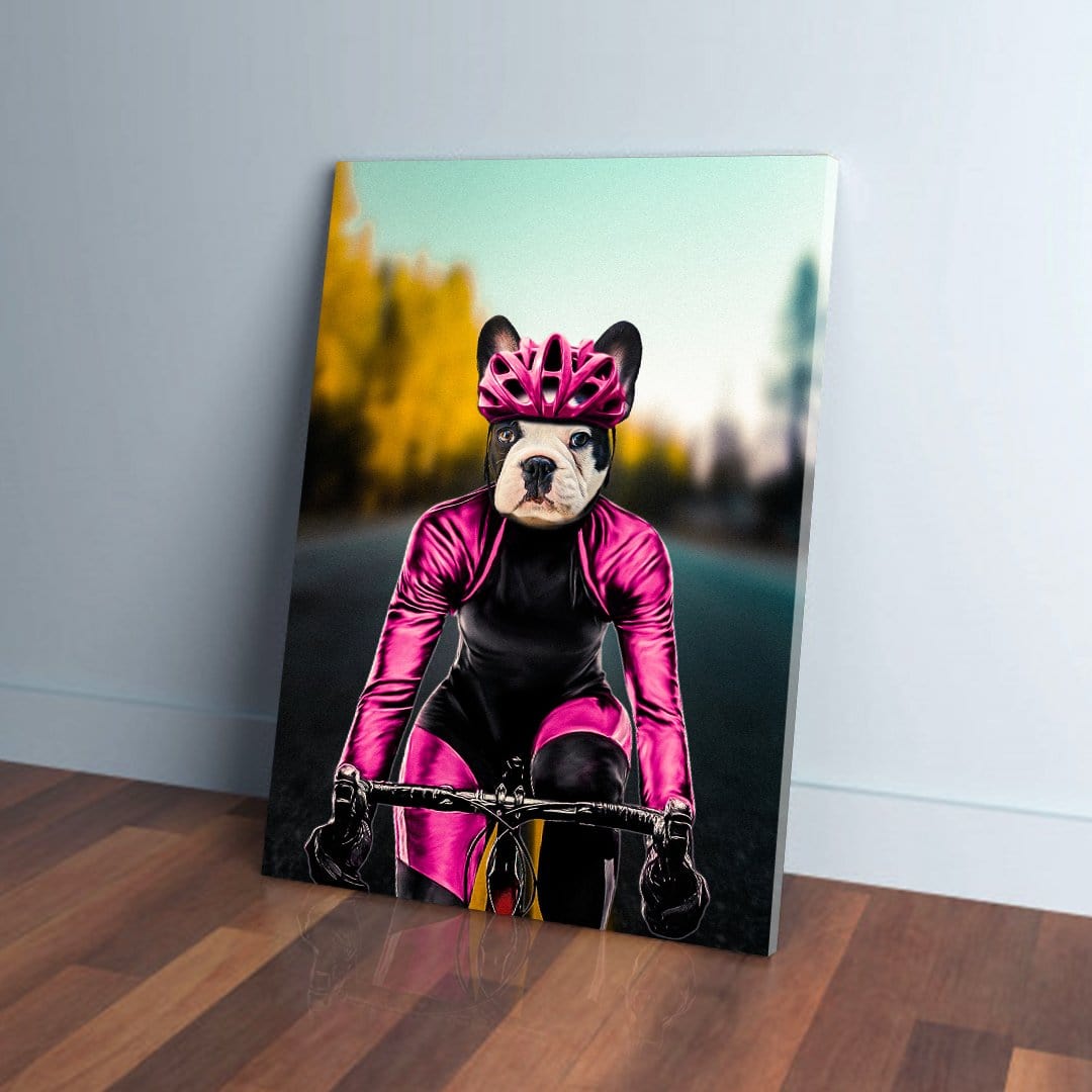 Personalized pet canvas featuring a French Bulldog in a pink cycling suit and helmet on a road bike.
