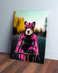 Personalized pet canvas featuring a French Bulldog in a pink cycling suit and helmet on a road bike.