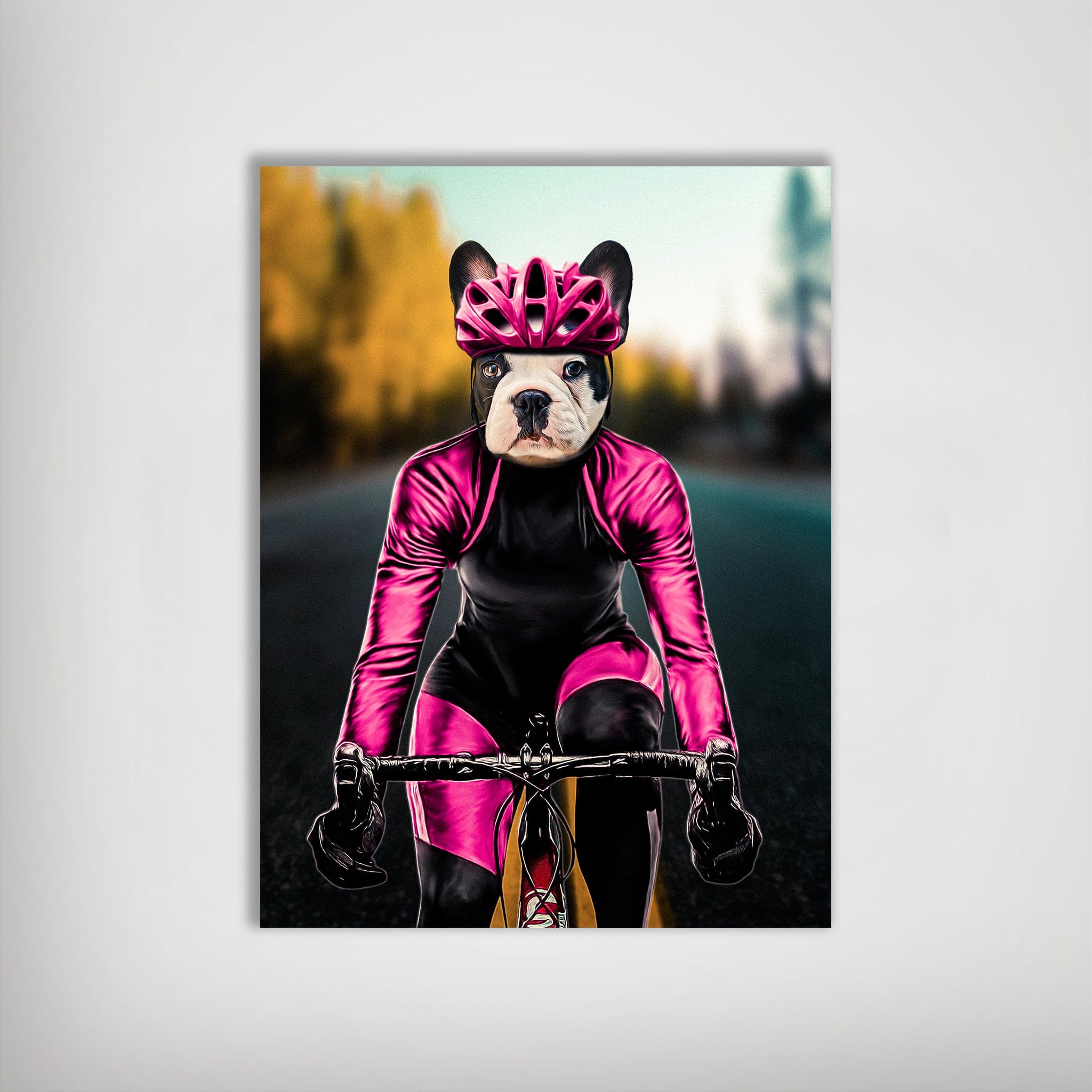Personalized pet poster featuring a French Bulldog in a pink cycling suit and helmet on a road.
