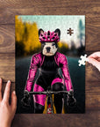 Personalized pet puzzle featuring a French bulldog in a pink cycling outfit and helmet, with a hand placing a piece.